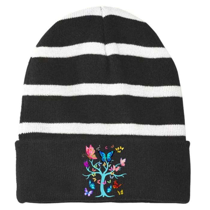 Butterfly Lovers Butterflies Circle Around The Tree Design Striped Beanie with Solid Band