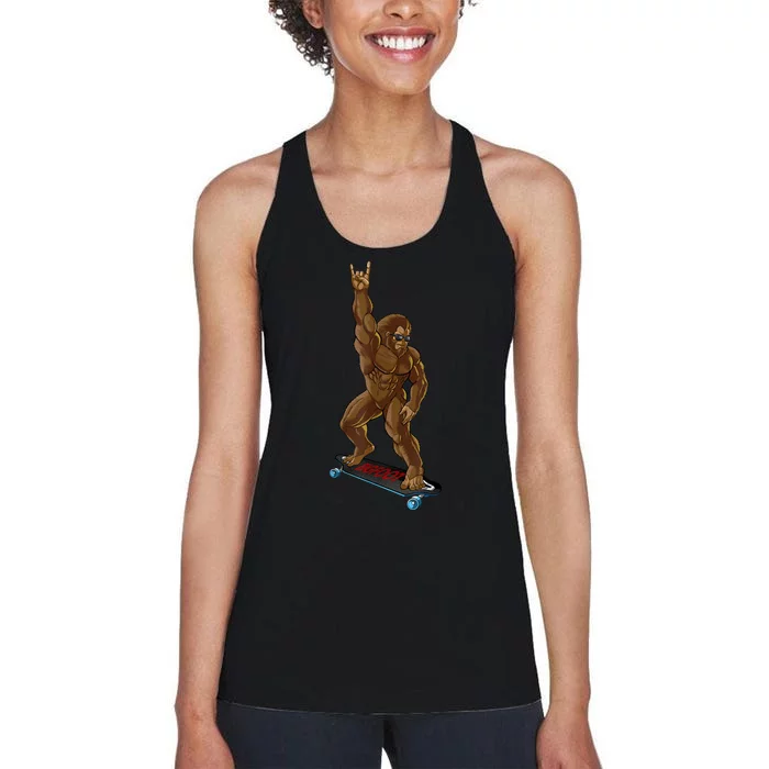 Bigfoot Long Boarding Rock On Sasquatch Big Foot Skate Women's Racerback Tank