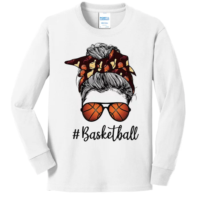 Bleached Life Basketball Mom Leopard Messy bun Glasses Kids Long Sleeve Shirt