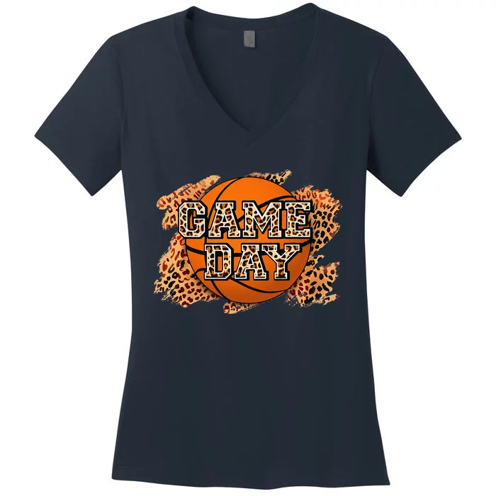 Bleached Leopard Basketball Game Day Vibes Basketball Mom Women's V-Neck T-Shirt