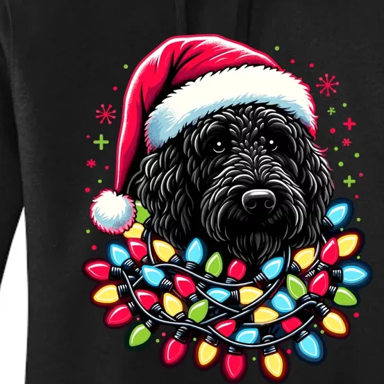 Black Labradoodle Christmas Tree Xmas Lights Doodle Dog Women's Pullover Hoodie