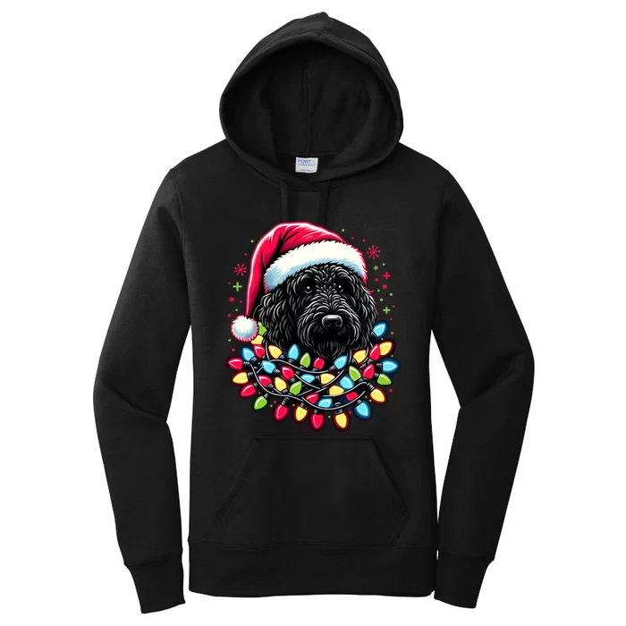 Black Labradoodle Christmas Tree Xmas Lights Doodle Dog Women's Pullover Hoodie