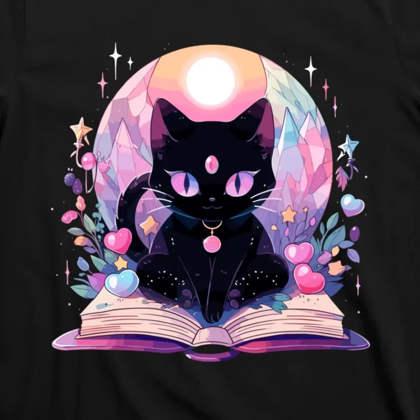 Book Lover Crystal Witchy Cute Black Cat Kawaii Pastel Goth T-Shirt