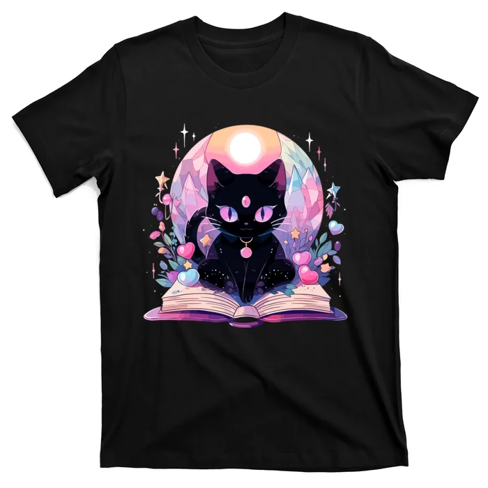 Book Lover Crystal Witchy Cute Black Cat Kawaii Pastel Goth T-Shirt