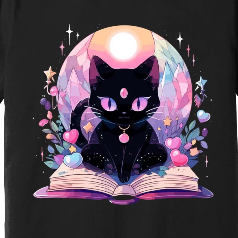 Book Lover Crystal Witchy Cute Black Cat Kawaii Pastel Goth Premium T-Shirt