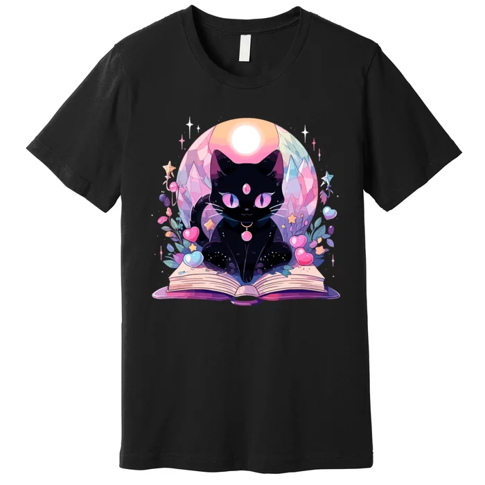 Book Lover Crystal Witchy Cute Black Cat Kawaii Pastel Goth Premium T-Shirt