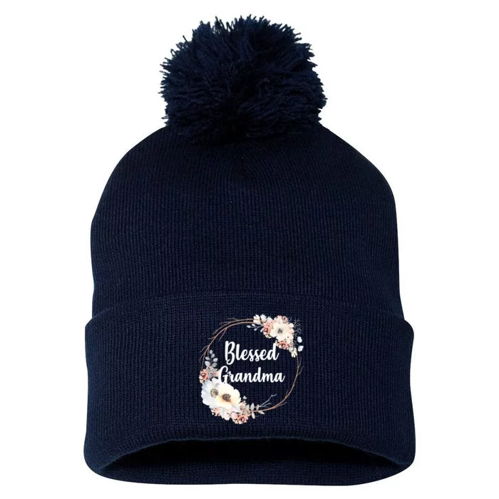 Blessed Grandma Floral Pom Pom 12in Knit Beanie