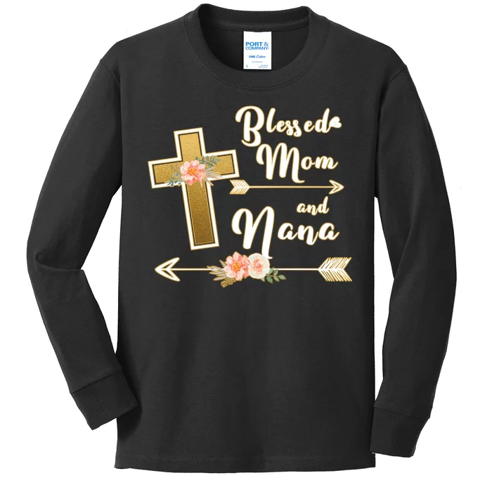 Blessed Mom And Nana Cross Floral Kids Long Sleeve Shirt