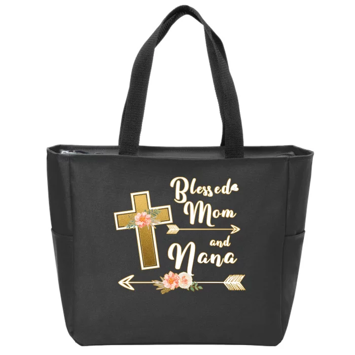 Blessed Mom And Nana Cross Floral Zip Tote Bag