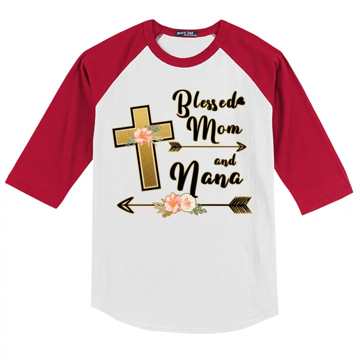 Blessed Mom And Nana Cross Floral Kids Colorblock Raglan Jersey