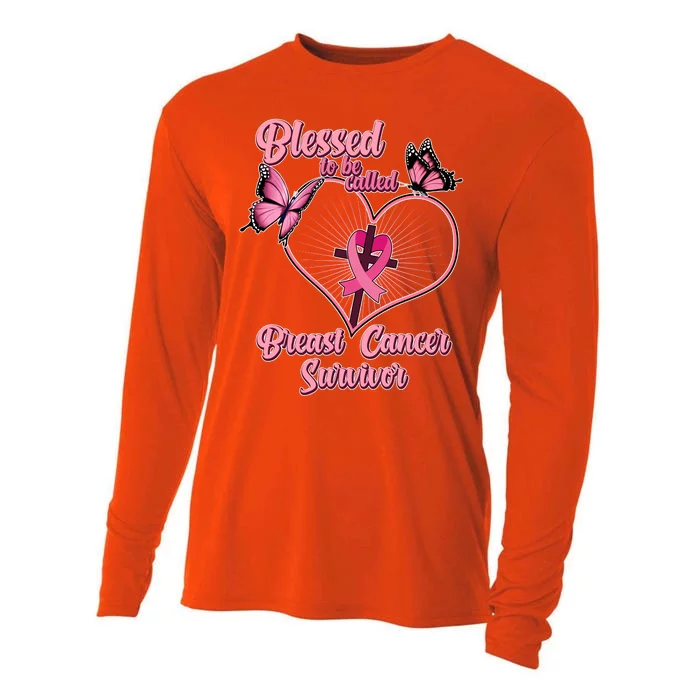 Blessed To Be Called Breast Cancer Survivor Butterflies Ribbon Cross Cooling Performance Long Sleeve Crew