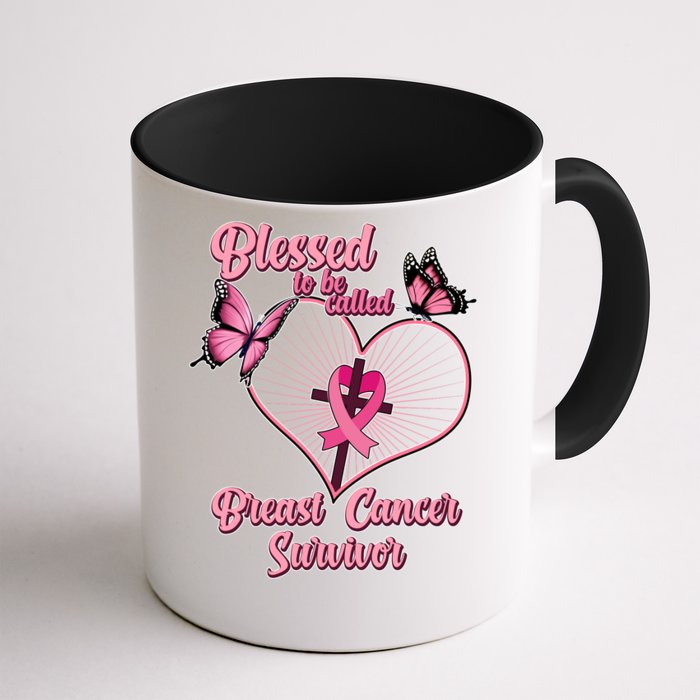 Blessed To Be Called Breast Cancer Survivor Butterflies Ribbon Cross Front & Back Coffee Mug