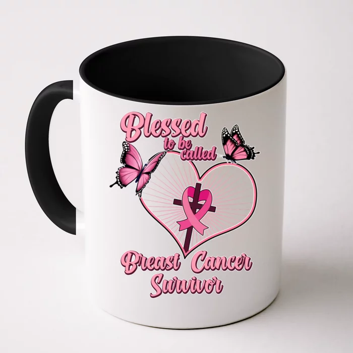 Blessed To Be Called Breast Cancer Survivor Butterflies Ribbon Cross Front & Back Coffee Mug