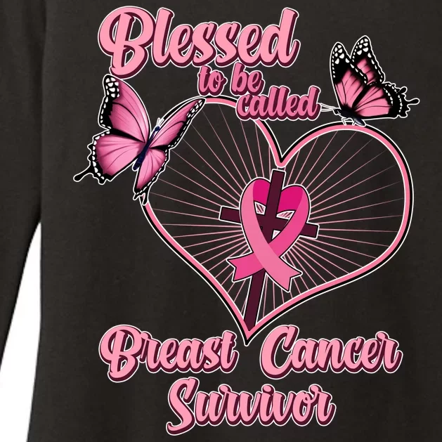 Blessed To Be Called Breast Cancer Survivor Butterflies Ribbon Cross Womens CVC Long Sleeve Shirt