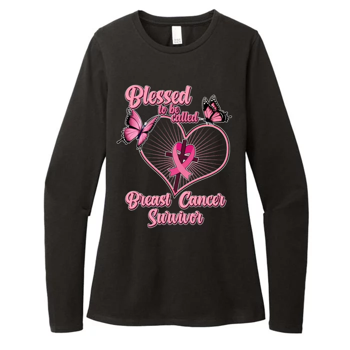 Blessed To Be Called Breast Cancer Survivor Butterflies Ribbon Cross Womens CVC Long Sleeve Shirt