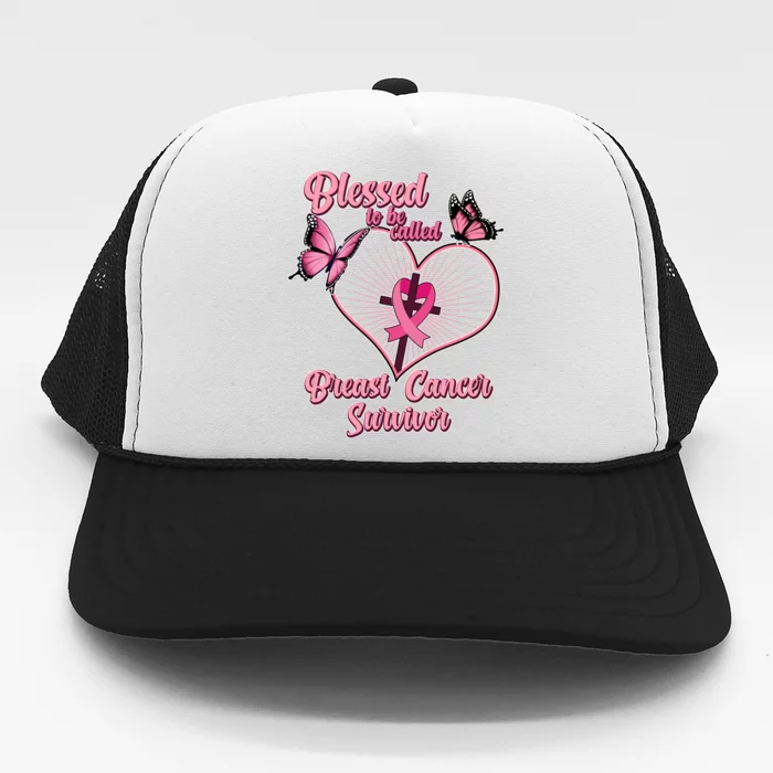 Blessed To Be Called Breast Cancer Survivor Butterflies Ribbon Cross Trucker Hat