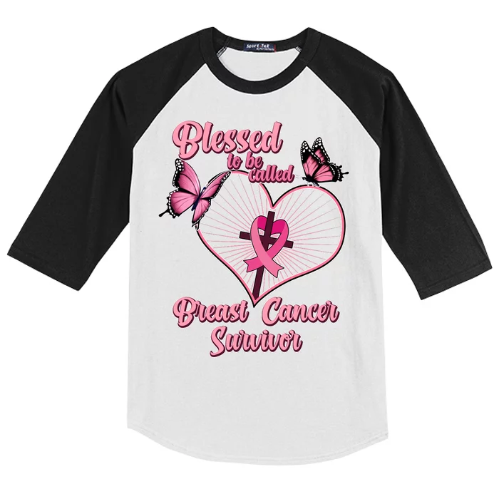 Blessed To Be Called Breast Cancer Survivor Butterflies Ribbon Cross Kids Colorblock Raglan Jersey