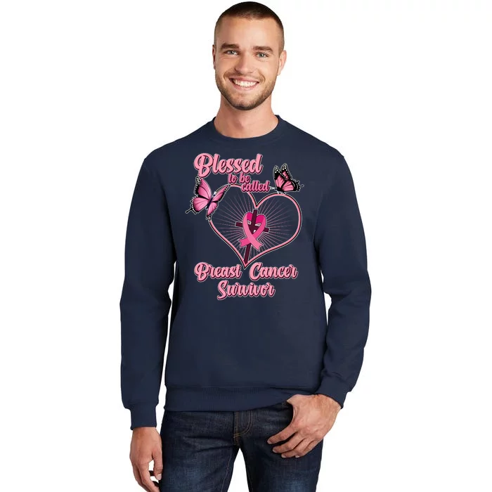 Blessed To Be Called Breast Cancer Survivor Butterflies Ribbon Cross Sweatshirt