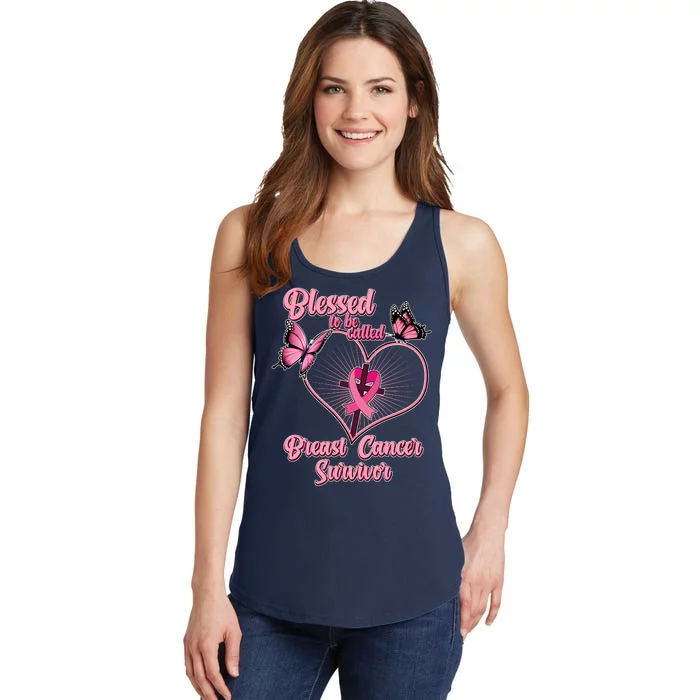 Blessed To Be Called Breast Cancer Survivor Butterflies Ribbon Cross Ladies Essential Tank