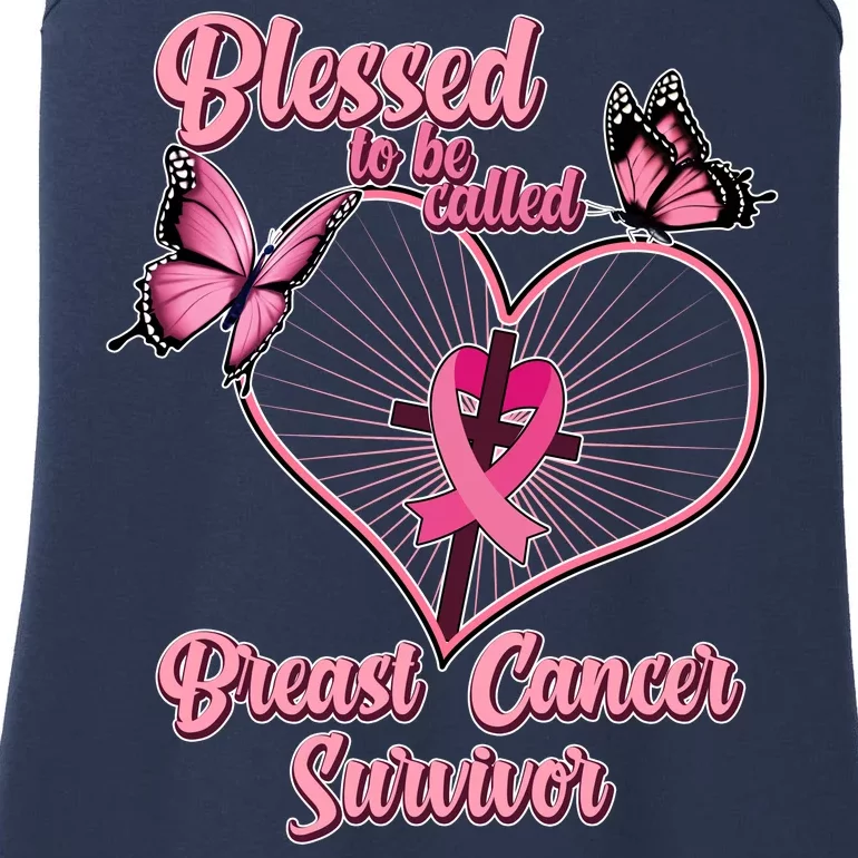 Blessed To Be Called Breast Cancer Survivor Butterflies Ribbon Cross Ladies Essential Tank