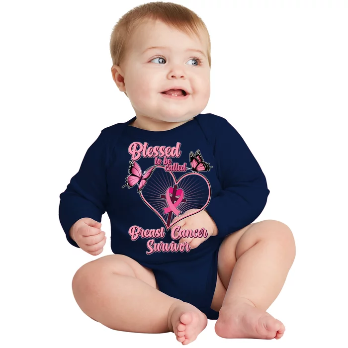 Blessed To Be Called Breast Cancer Survivor Butterflies Ribbon Cross Baby Long Sleeve Bodysuit