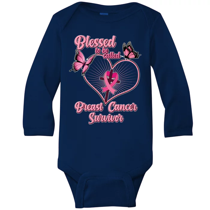 Blessed To Be Called Breast Cancer Survivor Butterflies Ribbon Cross Baby Long Sleeve Bodysuit