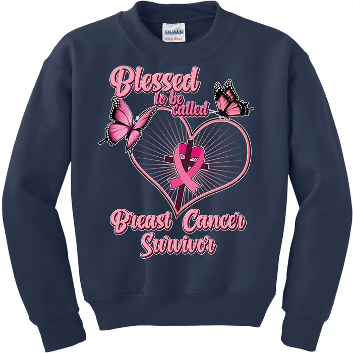 Blessed To Be Called Breast Cancer Survivor Butterflies Ribbon Cross Kids Sweatshirt