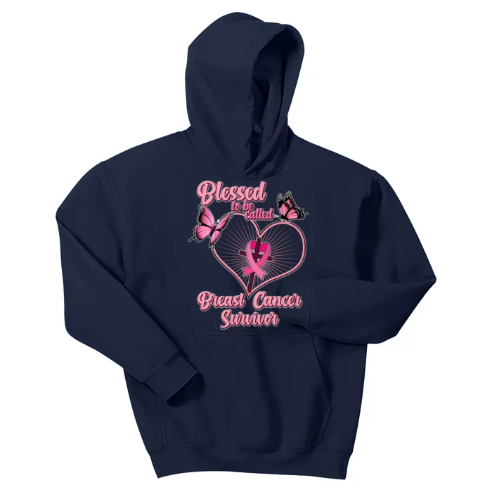 Blessed To Be Called Breast Cancer Survivor Butterflies Ribbon Cross Kids Hoodie