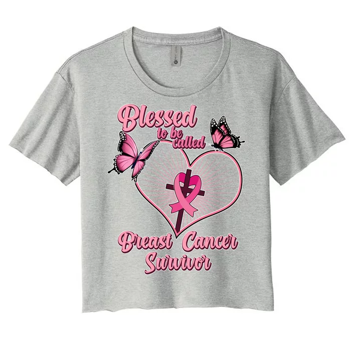 Blessed To Be Called Breast Cancer Survivor Butterflies Ribbon Cross Women's Crop Top Tee