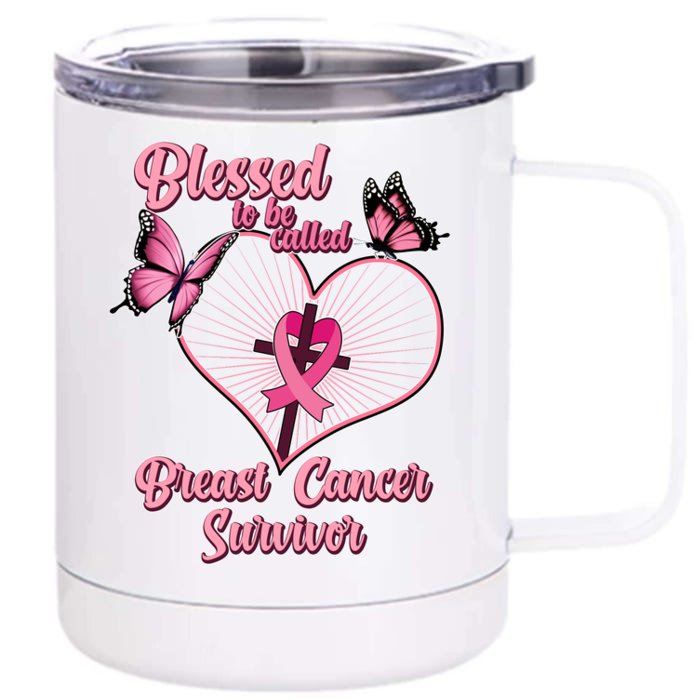 Blessed To Be Called Breast Cancer Survivor Butterflies Ribbon Cross Front & Back 12oz Stainless Steel Tumbler Cup