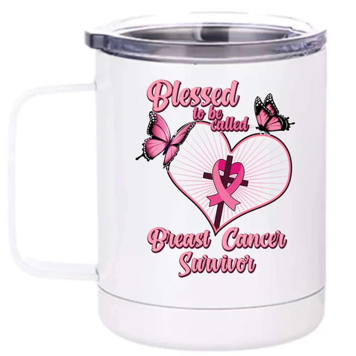 Blessed To Be Called Breast Cancer Survivor Butterflies Ribbon Cross Front & Back 12oz Stainless Steel Tumbler Cup