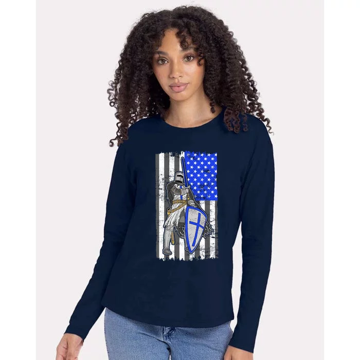 Blue Line Flag Templar Knight Warrior Womens Cotton Relaxed Long Sleeve T-Shirt