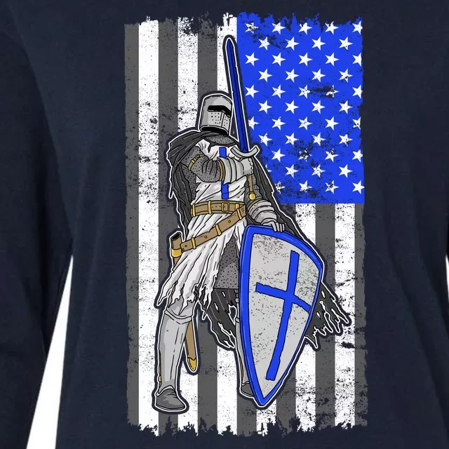 Blue Line Flag Templar Knight Warrior Womens Cotton Relaxed Long Sleeve T-Shirt