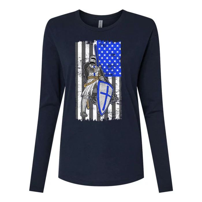 Blue Line Flag Templar Knight Warrior Womens Cotton Relaxed Long Sleeve T-Shirt