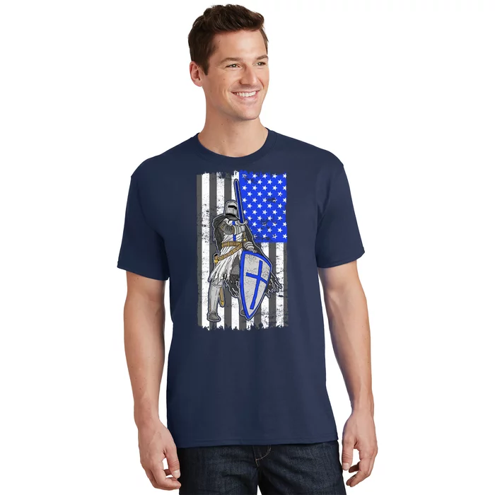 Blue Line Flag Templar Knight Warrior T-Shirt