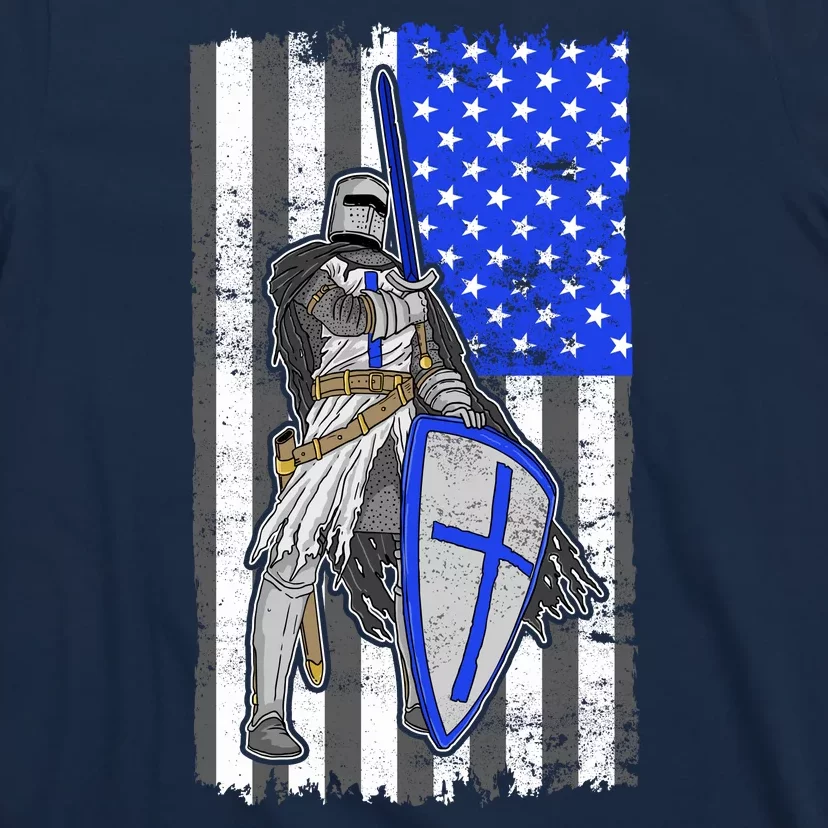 Blue Line Flag Templar Knight Warrior T-Shirt