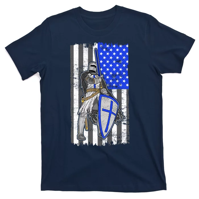 Blue Line Flag Templar Knight Warrior T-Shirt