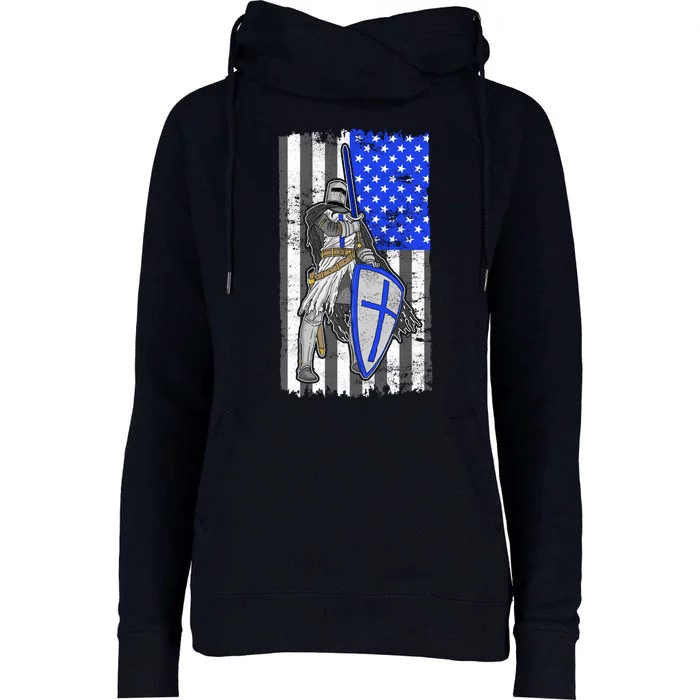 Blue Line Flag Templar Knight Warrior Womens Funnel Neck Pullover Hood