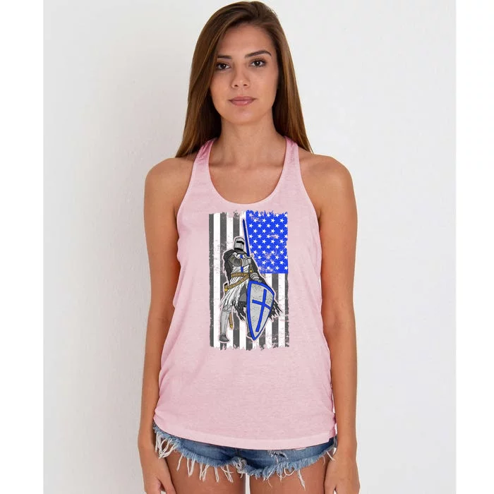 Blue Line Flag Templar Knight Warrior Women's Knotted Racerback Tank