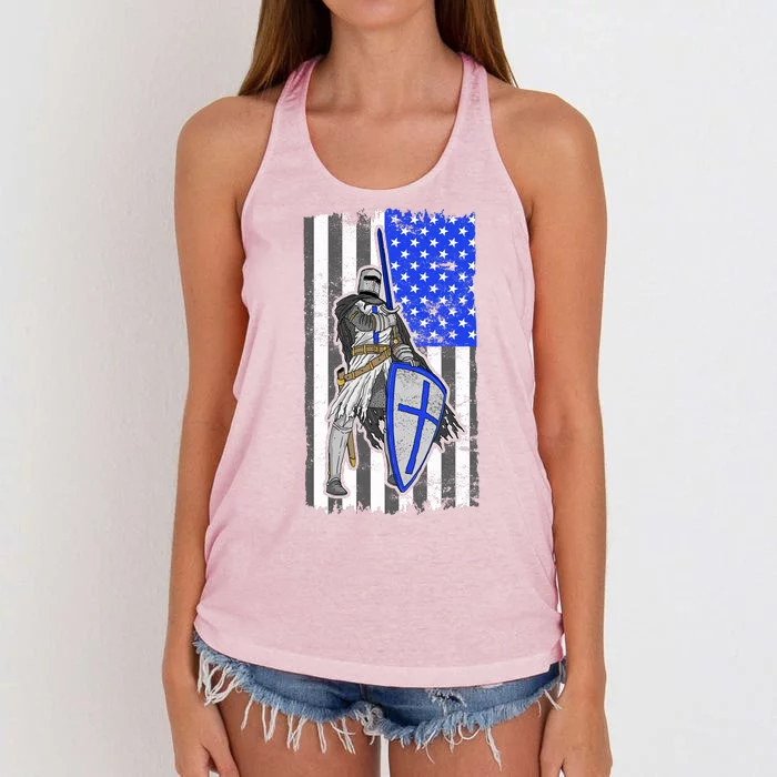 Blue Line Flag Templar Knight Warrior Women's Knotted Racerback Tank