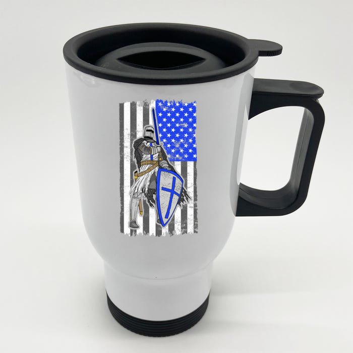 Blue Line Flag Templar Knight Warrior Front & Back Stainless Steel Travel Mug