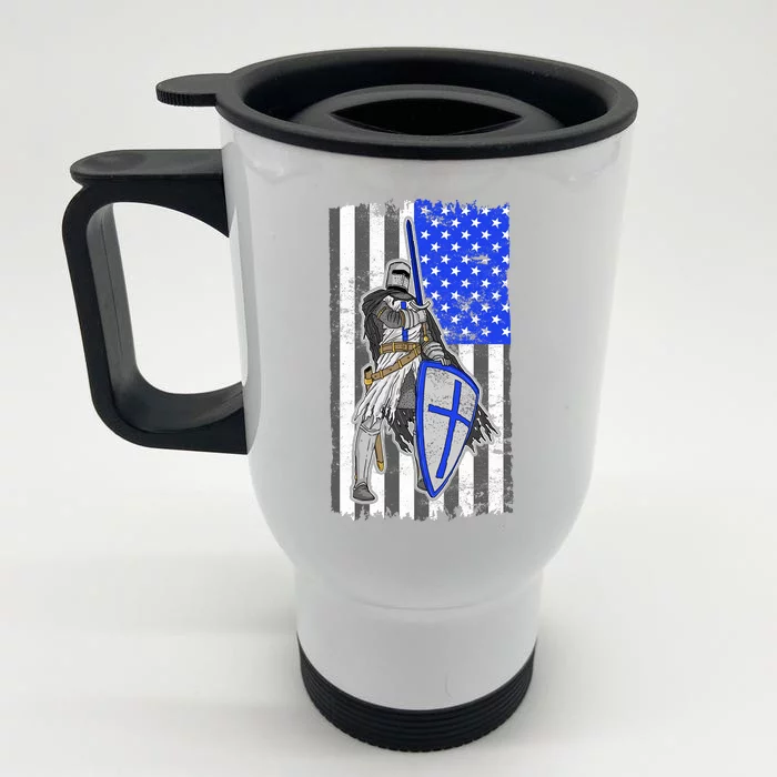 Blue Line Flag Templar Knight Warrior Front & Back Stainless Steel Travel Mug