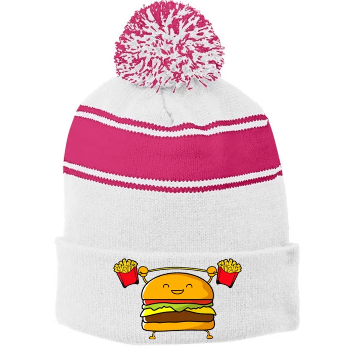 Burger Lifting Fries Funny Food Snatch Squat Barbell Weight Stripe Pom Pom Beanie