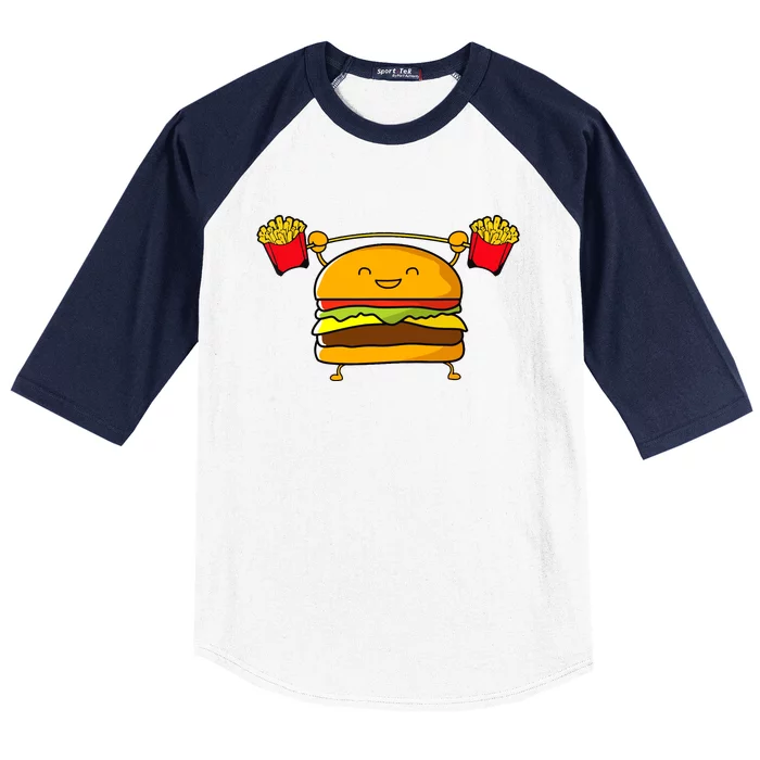 Burger Lifting Fries Funny Food Snatch Squat Barbell Weight Baseball Sleeve Shirt