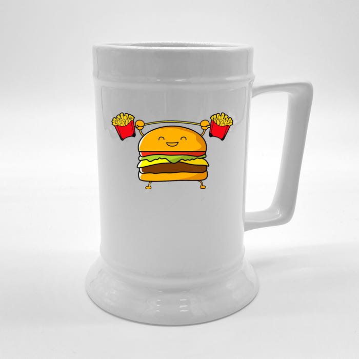 Burger Lifting Fries Funny Food Snatch Squat Barbell Weight Front & Back Beer Stein