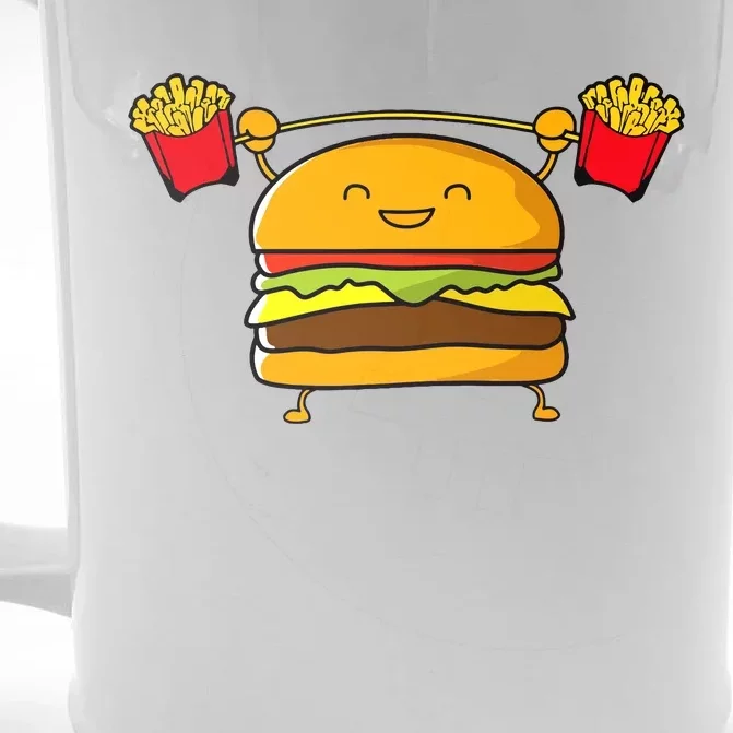 Burger Lifting Fries Funny Food Snatch Squat Barbell Weight Front & Back Beer Stein