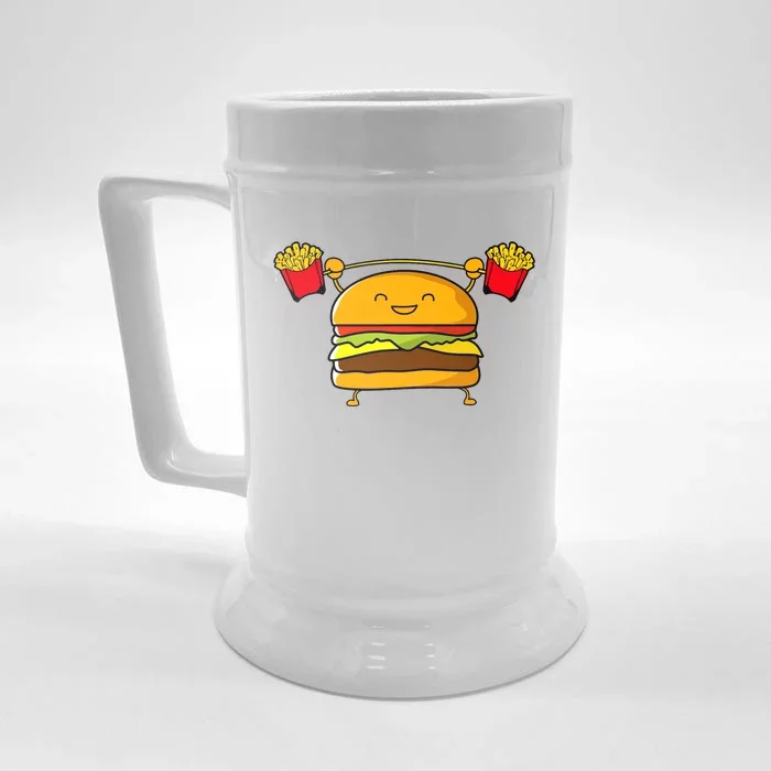 Burger Lifting Fries Funny Food Snatch Squat Barbell Weight Front & Back Beer Stein