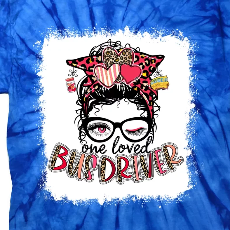 Bleached Leopard Heart Messy Bun One Loved Bus Driver Funny Gift Tie-Dye T-Shirt