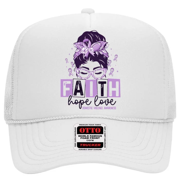 Believe Love Hope Purple Ribbon Domestic Violence Awareness High Crown Mesh Trucker Hat