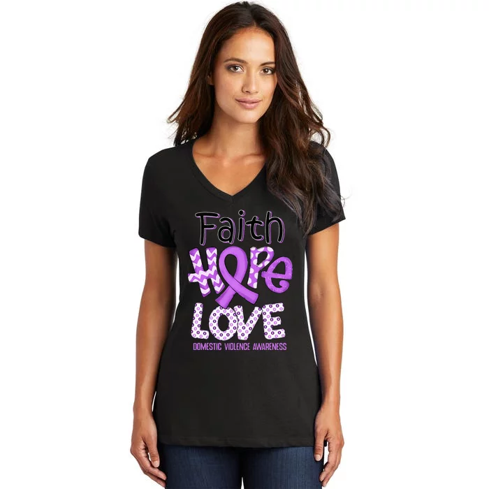 Believe Love Hope Purple Ribbon Domestic Violence Awareness Women's V-Neck T-Shirt